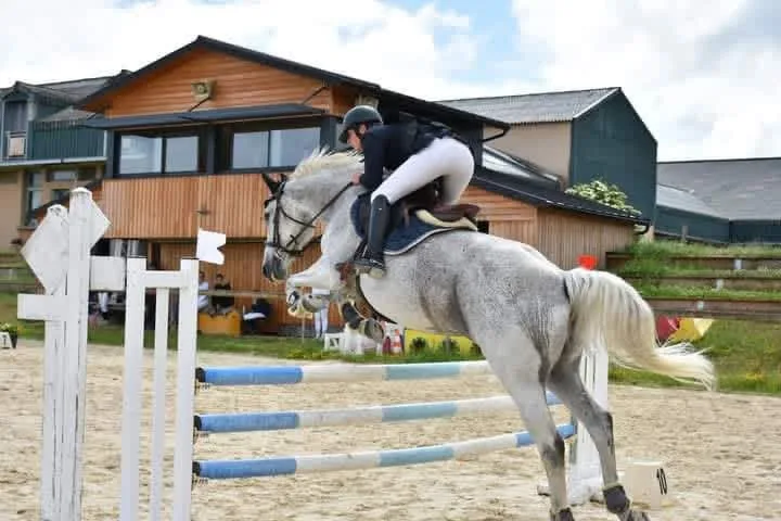 Cheval à l'obstacle devant le club-house